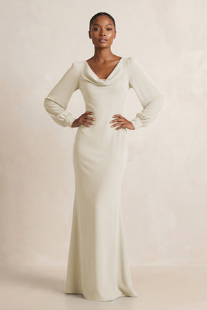 Long Sleeve V - Neck Sheath Chiffon Bridesmaid Dress in Dove Gray - SHE IS ME Bridesmaid Dresses