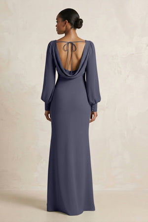 Long Sleeve V - Neck Sheath Chiffon Bridesmaid Dress in Dusk Blue - SHE IS ME Bridesmaid Dresses