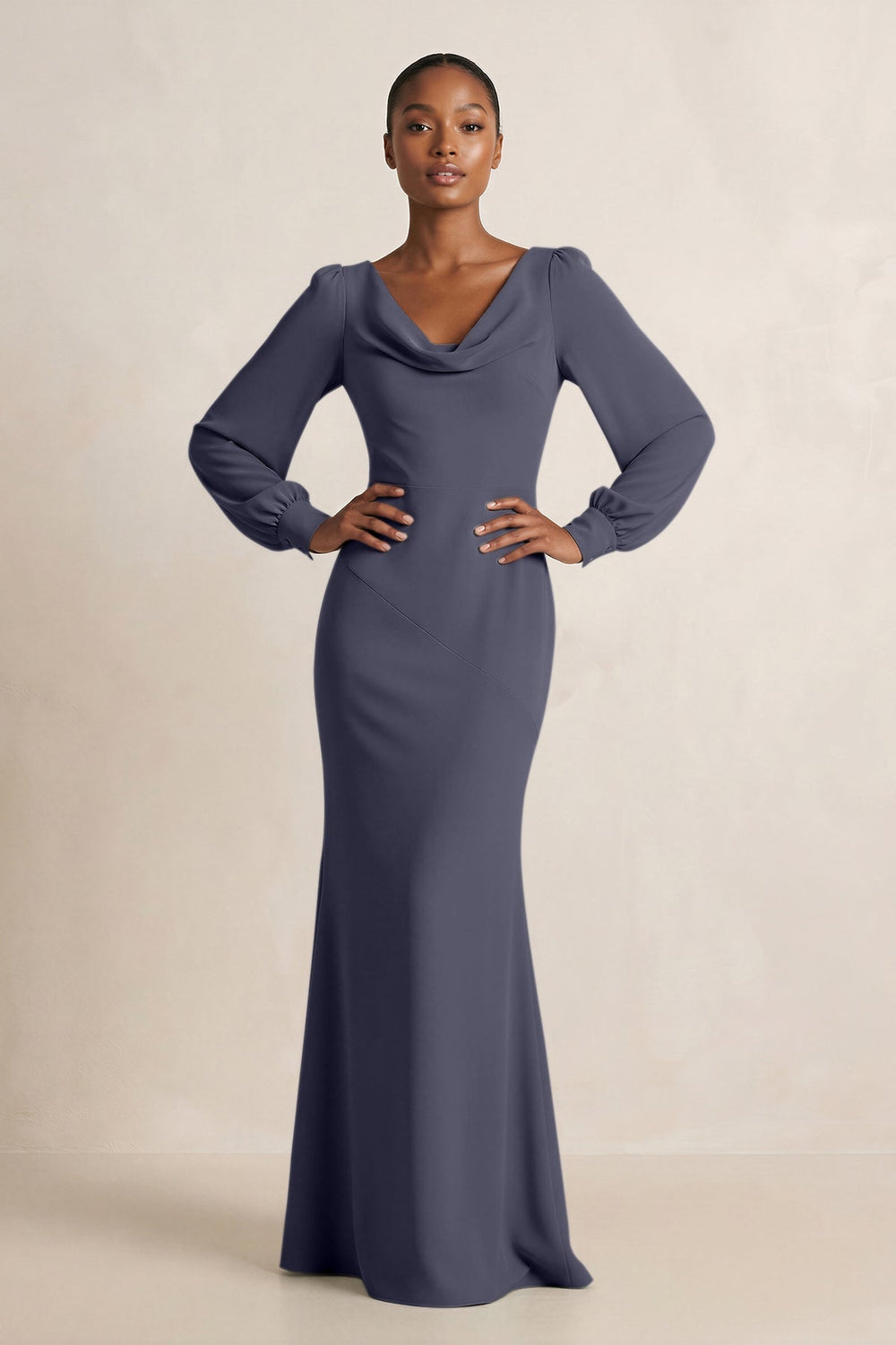 Long Sleeve V - Neck Sheath Chiffon Bridesmaid Dress in Dusk Blue - KISS BRIDAL Bridesmaid Dresses