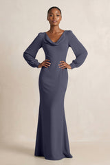 Long Sleeve V - Neck Sheath Chiffon Bridesmaid Dress in Dusk Blue - KISS BRIDAL Bridesmaid Dresses
