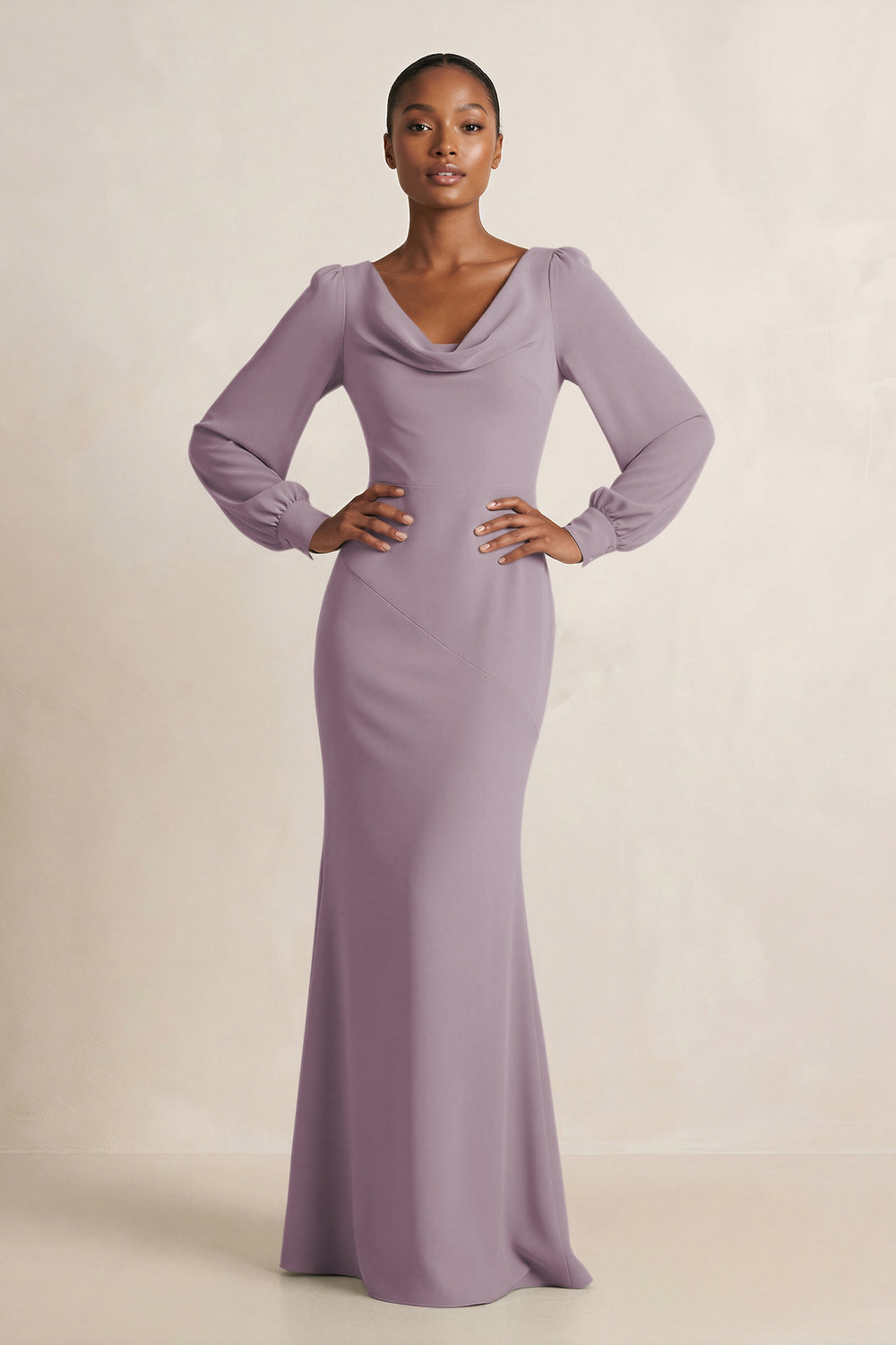 Long Sleeve V-Neck Sheath Chiffon Bridesmaid Dress in Dusk