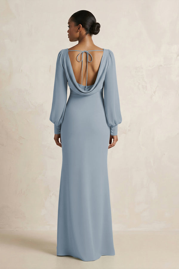 Long Sleeve V-Neck Sheath Chiffon Bridesmaid Dress in Dusty Blue (2) | KISSBRIDAL