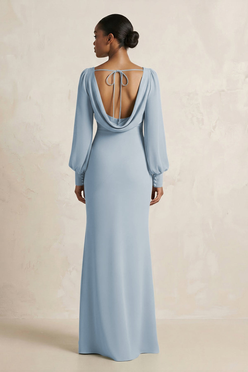 Long Sleeve V - Neck Sheath Chiffon Bridesmaid Dress in Dusty Blue - KISS BRIDAL Bridesmaid Dresses