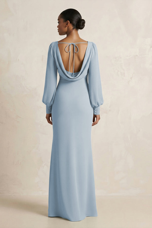 Long Sleeve V - Neck Sheath Chiffon Bridesmaid Dress in Dusty Blue - SHE IS ME Bridesmaid Dresses