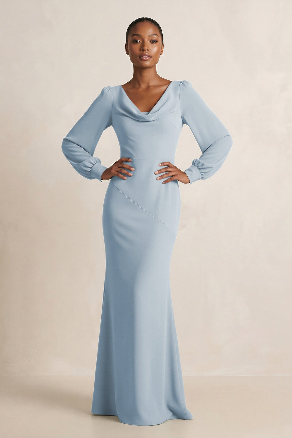 Long Sleeve V - Neck Sheath Chiffon Bridesmaid Dress in Dusty Blue - KISS BRIDAL Bridesmaid Dresses
