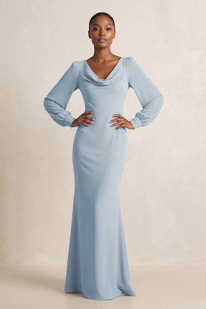 Long Sleeve V - Neck Sheath Chiffon Bridesmaid Dress in Dusty Blue - SHE IS ME Bridesmaid Dresses