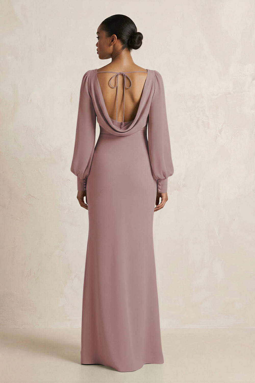 Long Sleeve V-Neck Sheath Chiffon Bridesmaid Dress in Dusty Rose