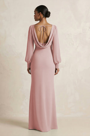 Long Sleeve V - Neck Sheath Chiffon Bridesmaid Dress in Dusty Rose - SHE IS ME Bridesmaid Dresses