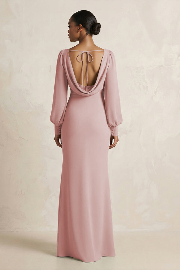 Long Sleeve V - Neck Sheath Chiffon Bridesmaid Dress in Dusty Rose - SHE IS ME Bridesmaid Dresses