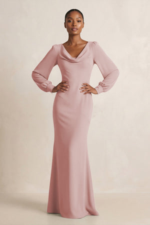 Long Sleeve V - Neck Sheath Chiffon Bridesmaid Dress in Dusty Rose - SHE IS ME Bridesmaid Dresses