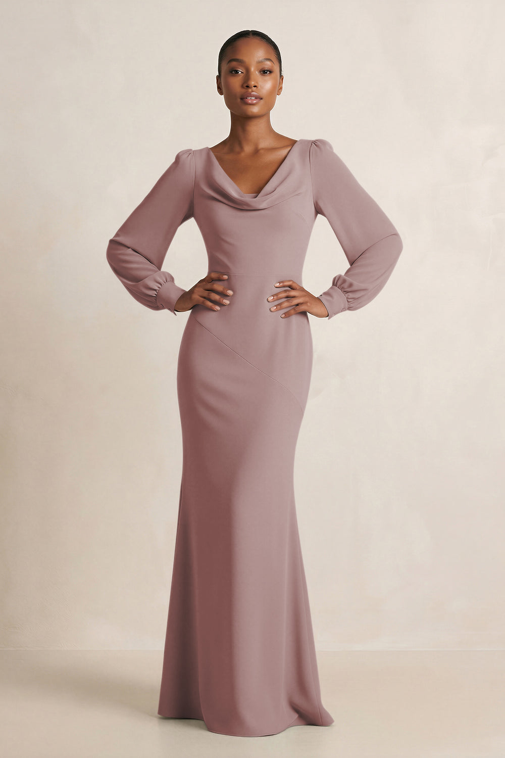 Long Sleeve V-Neck Sheath Chiffon Bridesmaid Dress in Dusty Rose