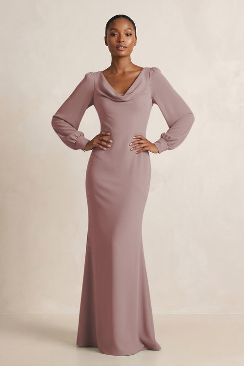 Long Sleeve V-Neck Sheath Chiffon Bridesmaid Dress in Dusty Rose | KISSBRIDAL