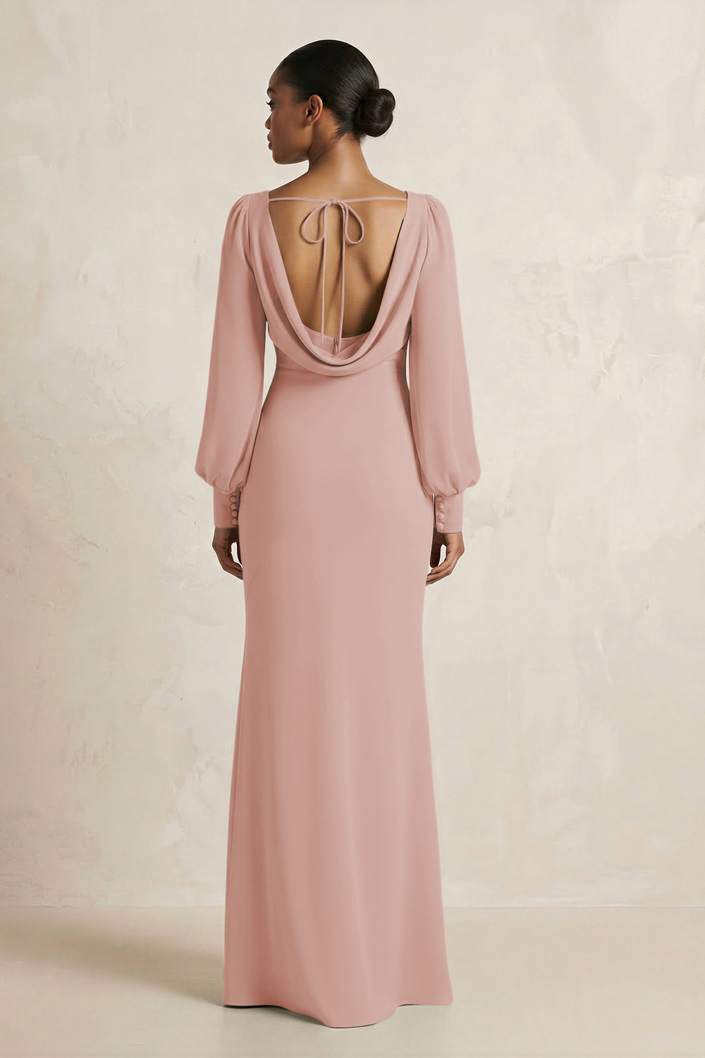Long Sleeve V-Neck Sheath Chiffon Bridesmaid Dress in English Rose