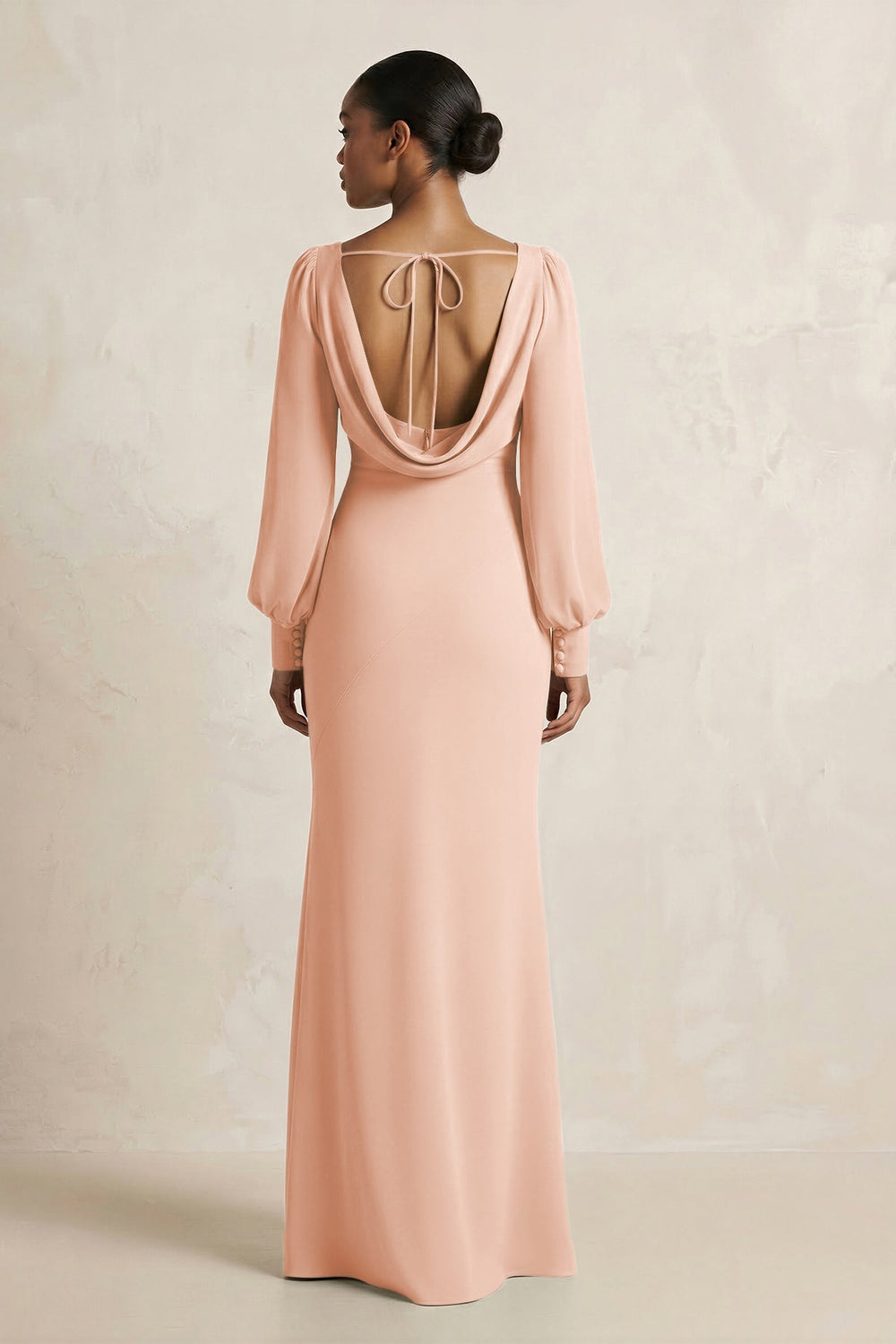 Long Sleeve V - Neck Sheath Chiffon Bridesmaid Dress in English Rose - KISS BRIDAL Bridesmaid Dresses