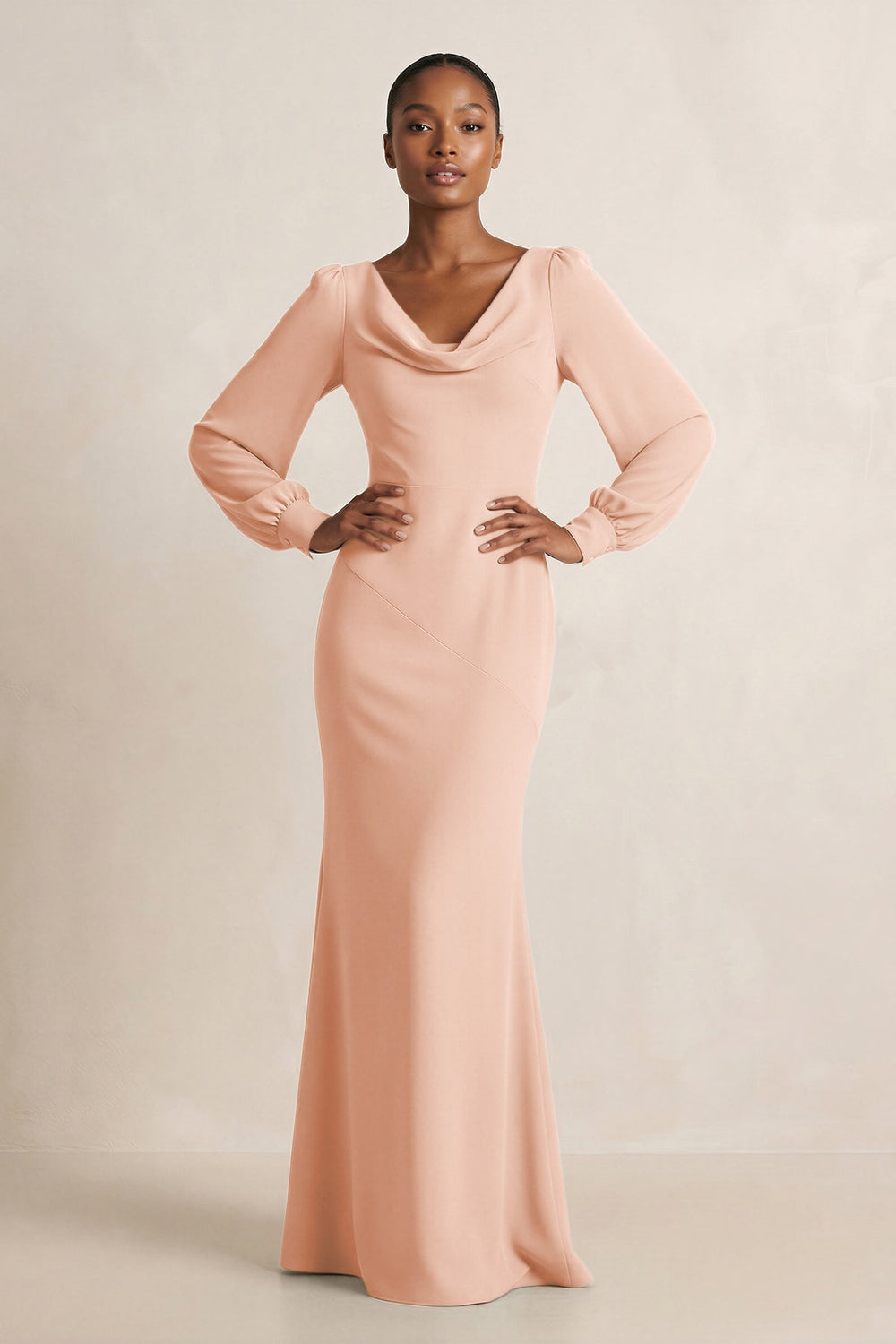Long Sleeve V - Neck Sheath Chiffon Bridesmaid Dress in English Rose - KISS BRIDAL Bridesmaid Dresses
