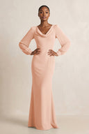 Long Sleeve V - Neck Sheath Chiffon Bridesmaid Dress in English Rose - SHE IS ME Bridesmaid Dresses