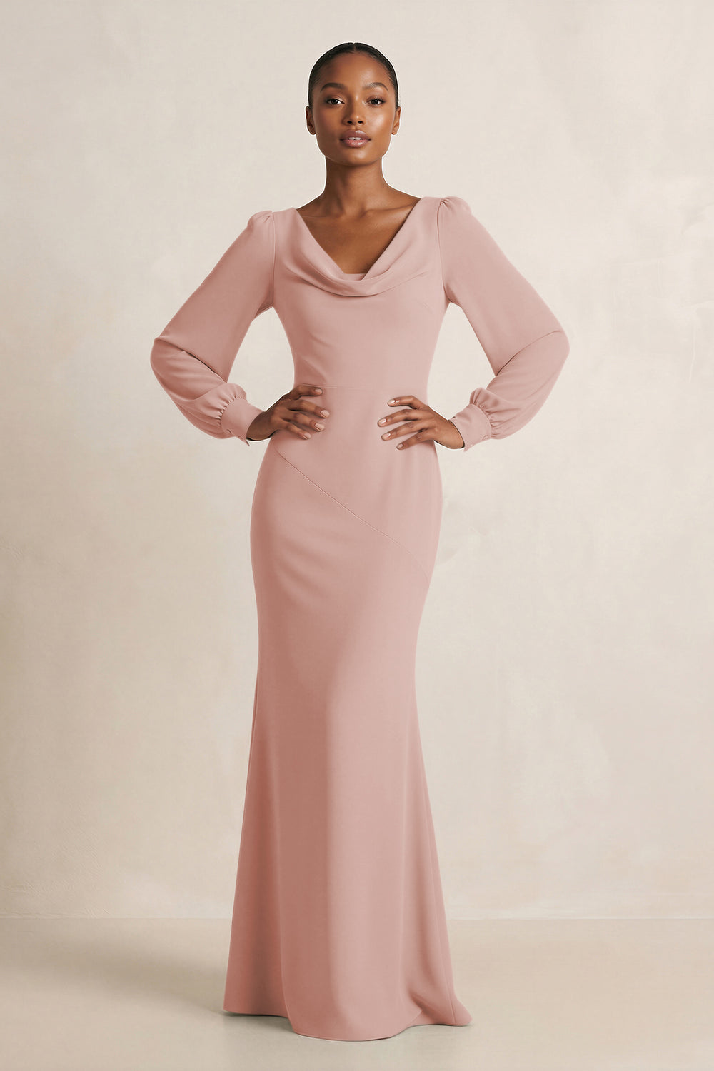 Long Sleeve V-Neck Sheath Chiffon Bridesmaid Dress in English Rose