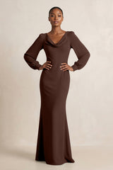 Long Sleeve V - Neck Sheath Chiffon Bridesmaid Dress in Espresso - KISS BRIDAL Bridesmaid Dresses