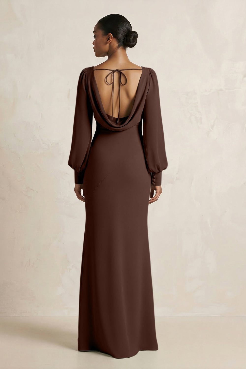 Long Sleeve V - Neck Sheath Chiffon Bridesmaid Dress in Espresso - KISS BRIDAL Bridesmaid Dresses