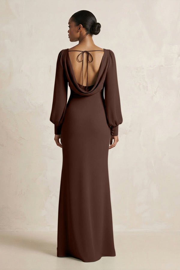 Long Sleeve V - Neck Sheath Chiffon Bridesmaid Dress in Espresso - SHE IS ME Bridesmaid Dresses