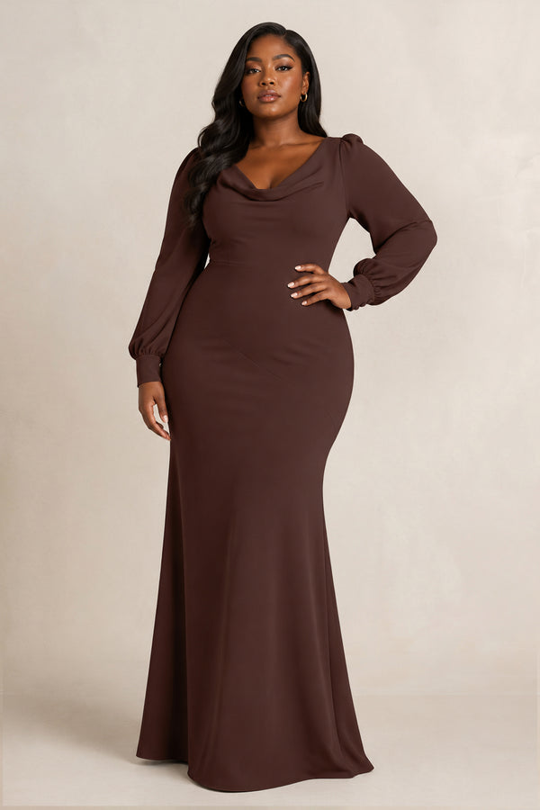 Espresso Long Sleeve V-Neck Sheath Chiffon Bridesmaid Dress [sizeplus] | KISSBRIDAL