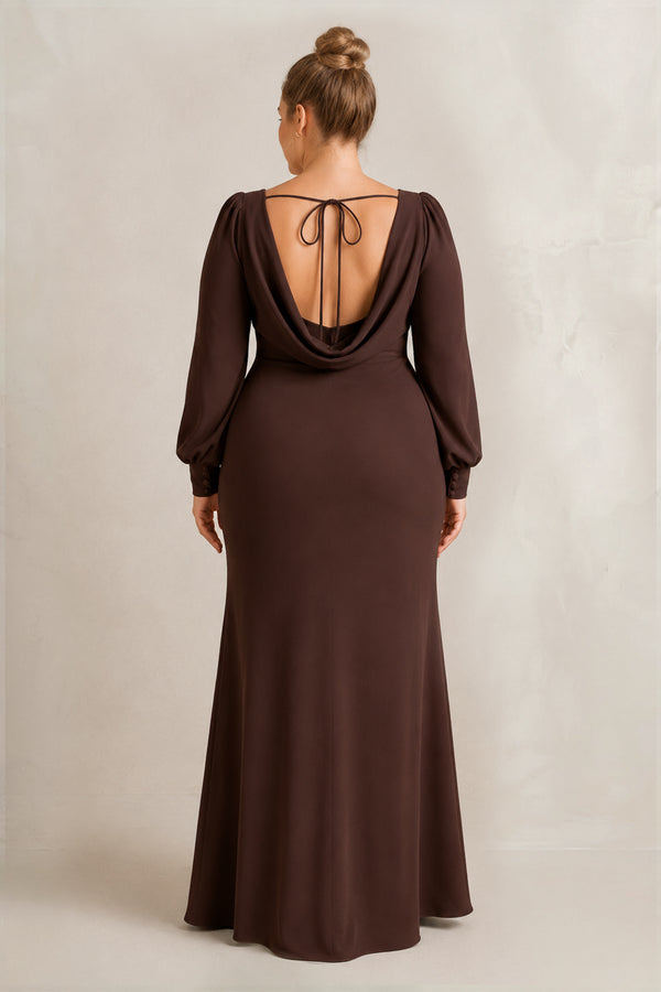 Espresso Long Sleeve V-Neck Sheath Chiffon Bridesmaid Dress [sizeplus] | KISSBRIDAL