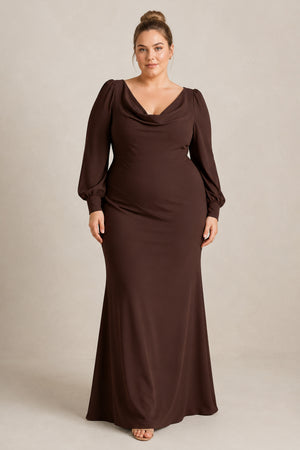 Espresso Long Sleeve V-Neck Sheath Chiffon Bridesmaid Dress [sizeplus] | KISSBRIDAL