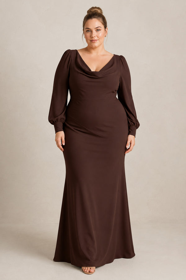 Espresso Long Sleeve V-Neck Sheath Chiffon Bridesmaid Dress [sizeplus] | KISSBRIDAL