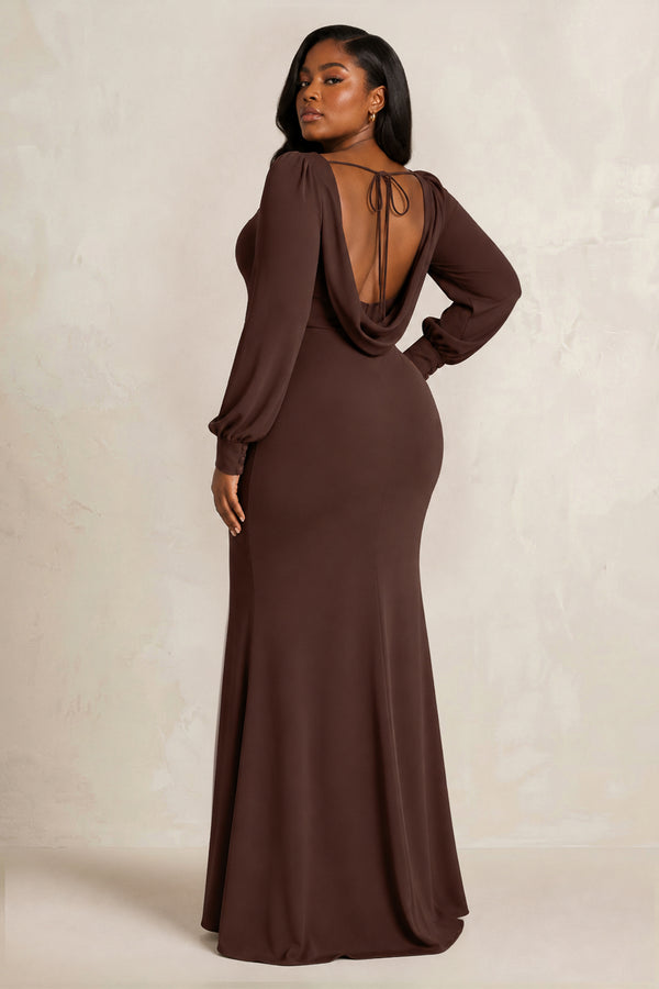 Espresso Long Sleeve V-Neck Sheath Chiffon Bridesmaid Dress [sizeplus] | KISSBRIDAL