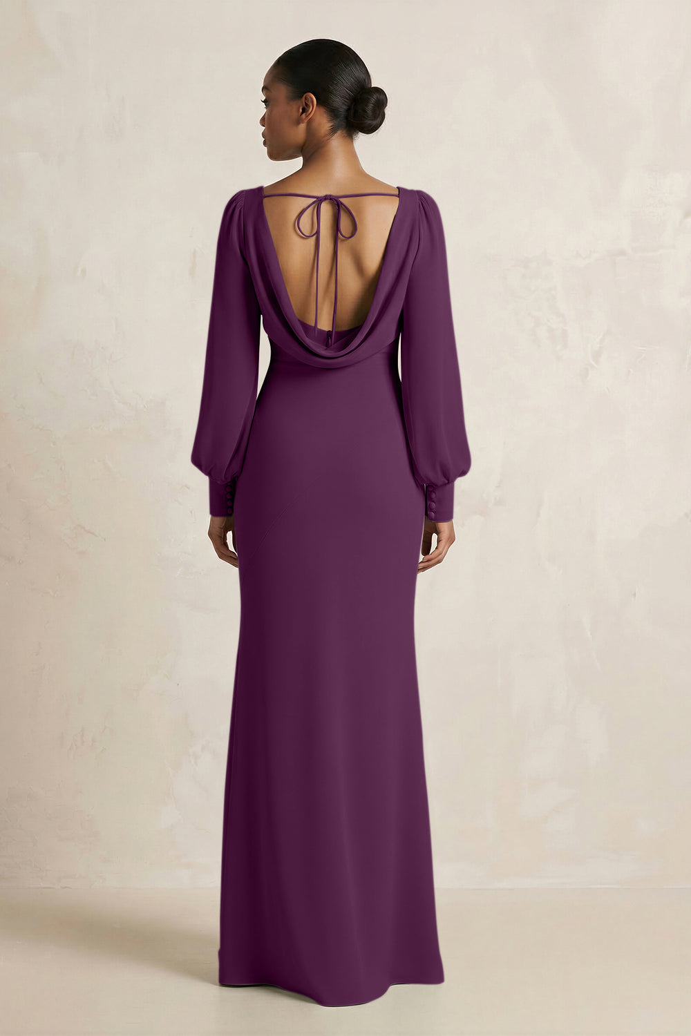 Long Sleeve V-Neck Sheath Chiffon Bridesmaid Dress in Fig