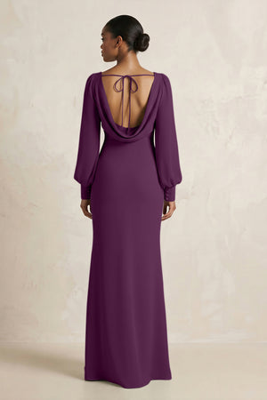 Long Sleeve V-Neck Sheath Chiffon Bridesmaid Dress in Fig (2) | KISSBRIDAL