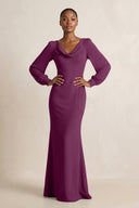 Long Sleeve V - Neck Sheath Chiffon Bridesmaid Dress in Fig - SHE IS ME Bridesmaid Dresses