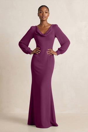 Long Sleeve V - Neck Sheath Chiffon Bridesmaid Dress in Fig - SHE IS ME Bridesmaid Dresses