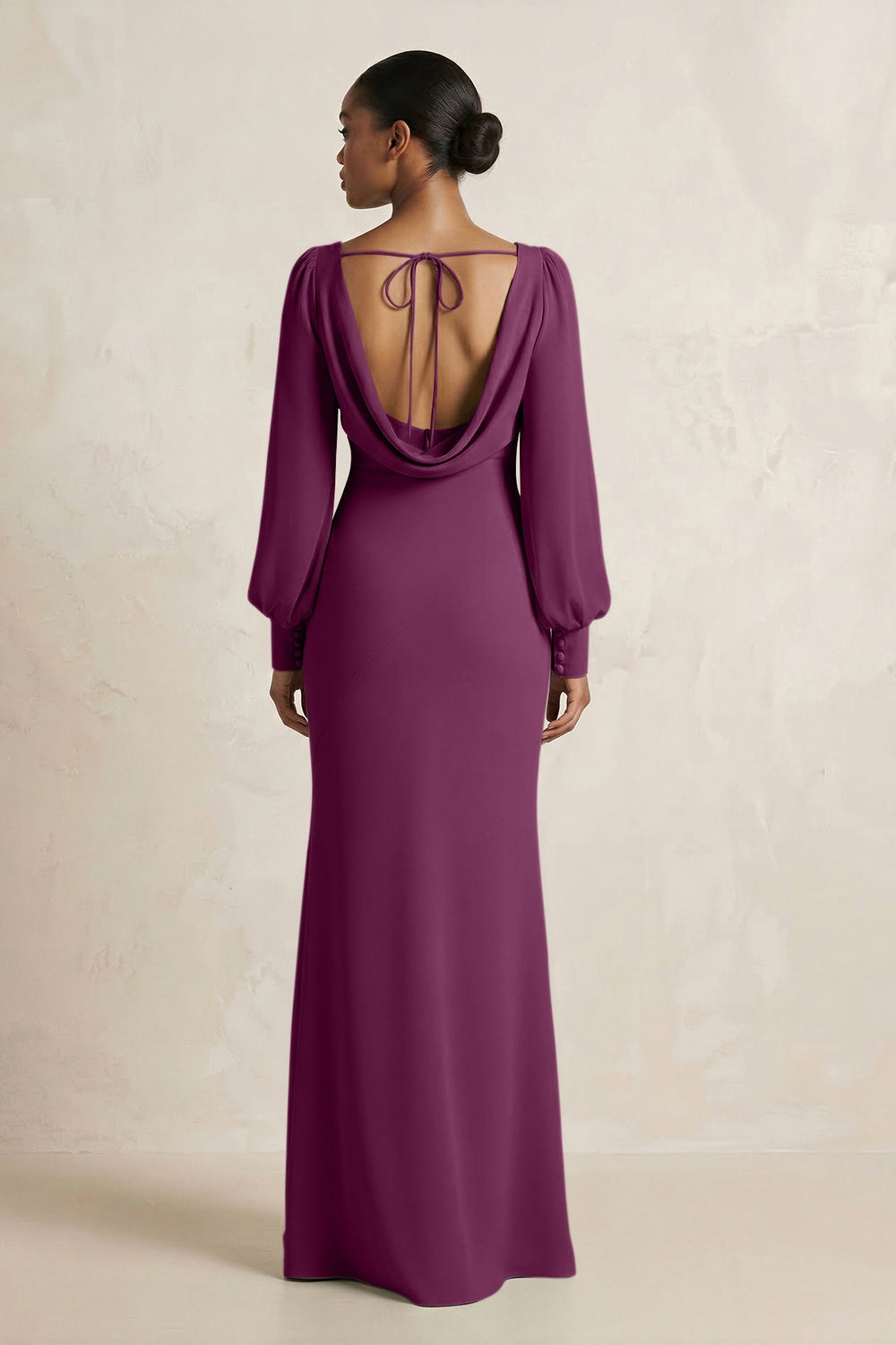 Long Sleeve V - Neck Sheath Chiffon Bridesmaid Dress in Fig - KISS BRIDAL Bridesmaid Dresses
