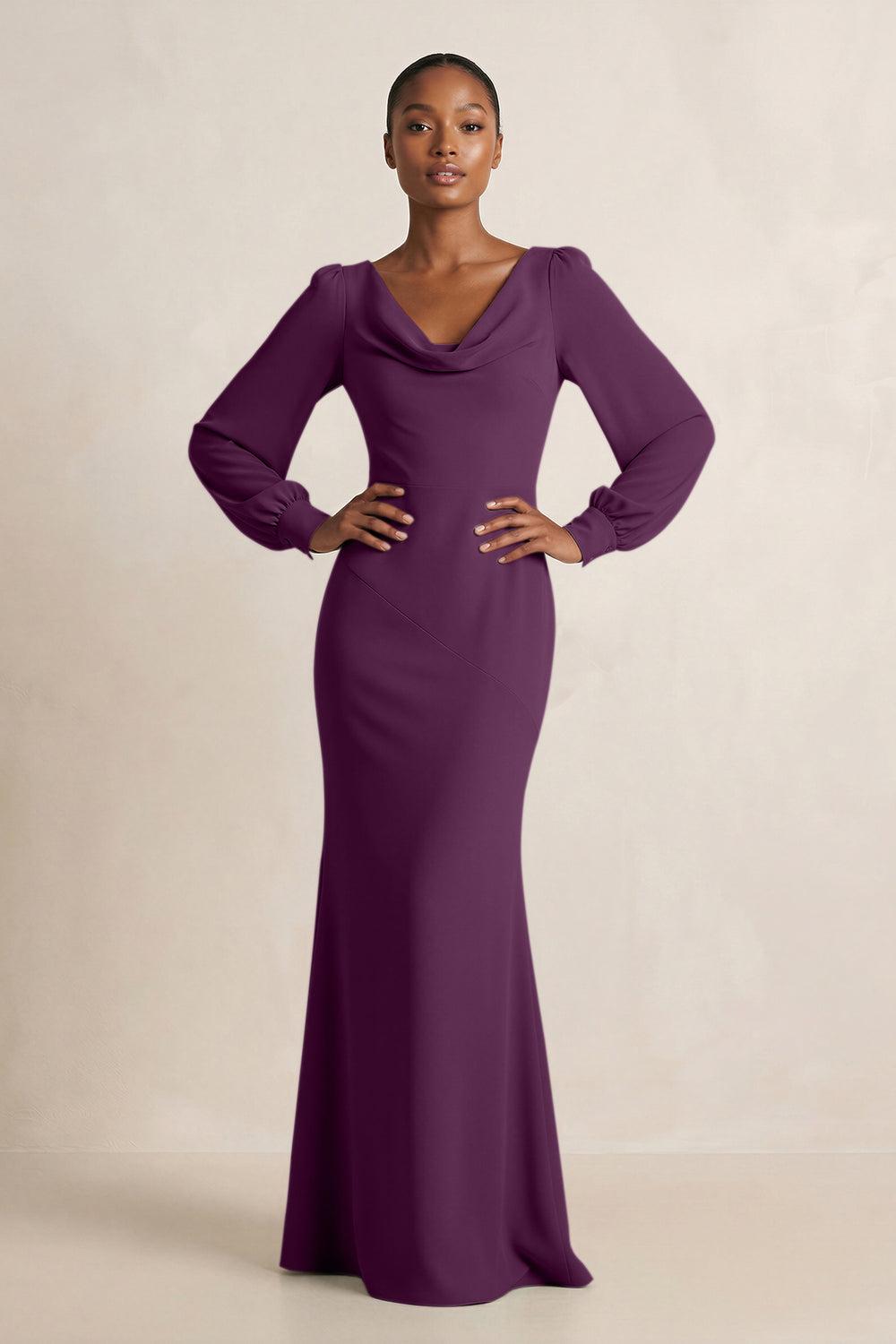 Long Sleeve V-Neck Sheath Chiffon Bridesmaid Dress in Fig