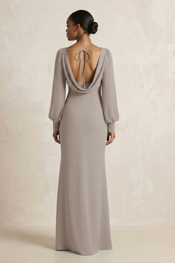 Long Sleeve V-Neck Sheath Chiffon Bridesmaid Dress in Frost (2) | KISSBRIDAL