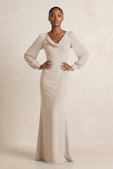 Long Sleeve V - Neck Sheath Chiffon Bridesmaid Dress in Frost - SHE IS ME Bridesmaid Dresses