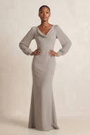 Long Sleeve V-Neck Sheath Chiffon Bridesmaid Dress in Frost | KISSBRIDAL
