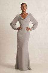 Long Sleeve V-Neck Sheath Chiffon Bridesmaid Dress in Frost | KISSBRIDAL