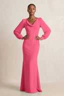 Long Sleeve V - Neck Sheath Chiffon Bridesmaid Dress in Fuchsia - SHE IS ME Bridesmaid Dresses