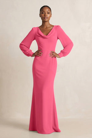 Long Sleeve V - Neck Sheath Chiffon Bridesmaid Dress in Fuchsia - SHE IS ME Bridesmaid Dresses