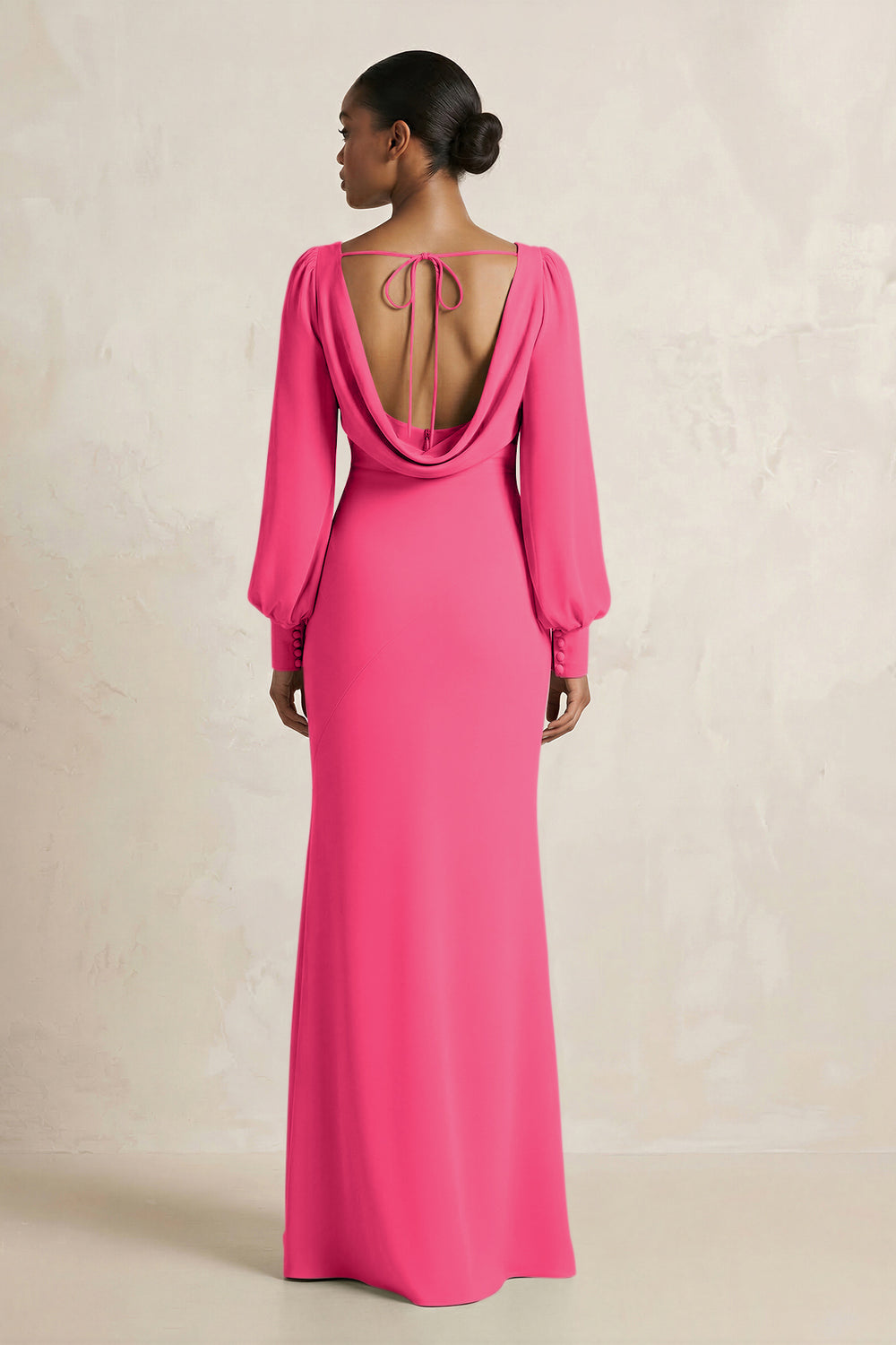 Long Sleeve V-Neck Sheath Chiffon Bridesmaid Dress in Fuchsia
