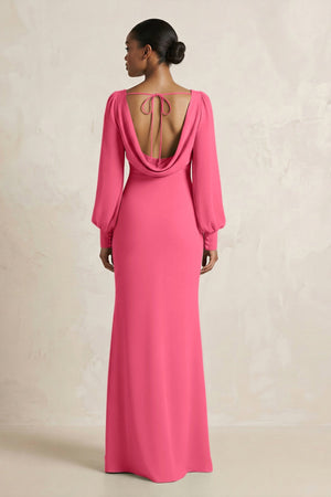 Long Sleeve V - Neck Sheath Chiffon Bridesmaid Dress in Fuchsia - SHE IS ME Bridesmaid Dresses