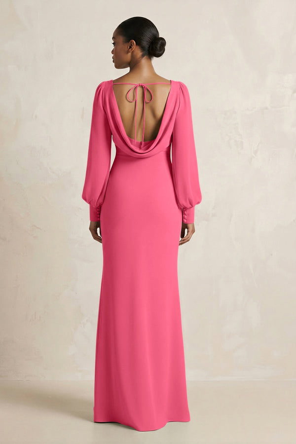 Long Sleeve V - Neck Sheath Chiffon Bridesmaid Dress in Fuchsia - SHE IS ME Bridesmaid Dresses