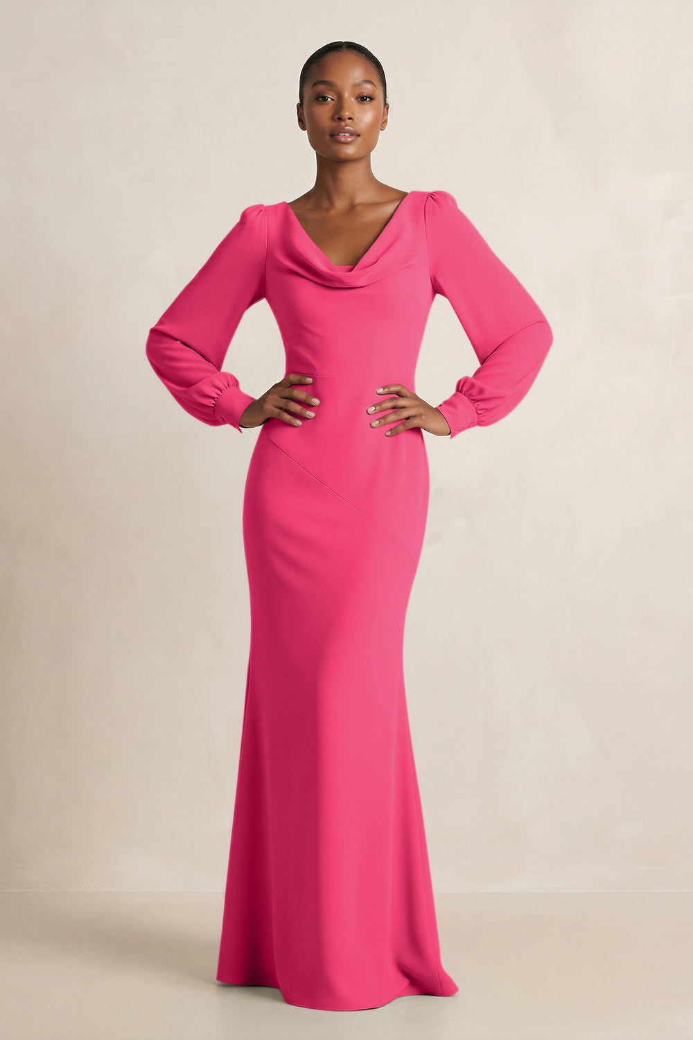 Long Sleeve V-Neck Sheath Chiffon Bridesmaid Dress in Fuchsia