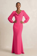 Long Sleeve V-Neck Sheath Chiffon Bridesmaid Dress in Fuchsia | KISSBRIDAL
