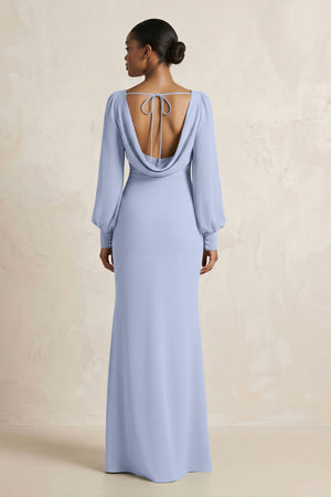 Long Sleeve V-Neck Sheath Chiffon Bridesmaid Dress in Ice (2) | KISSBRIDAL