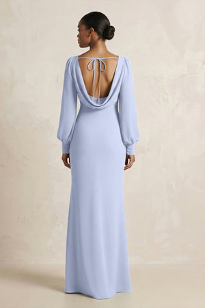 Long Sleeve V - Neck Sheath Chiffon Bridesmaid Dress in Ice - SHE IS ME Bridesmaid Dresses