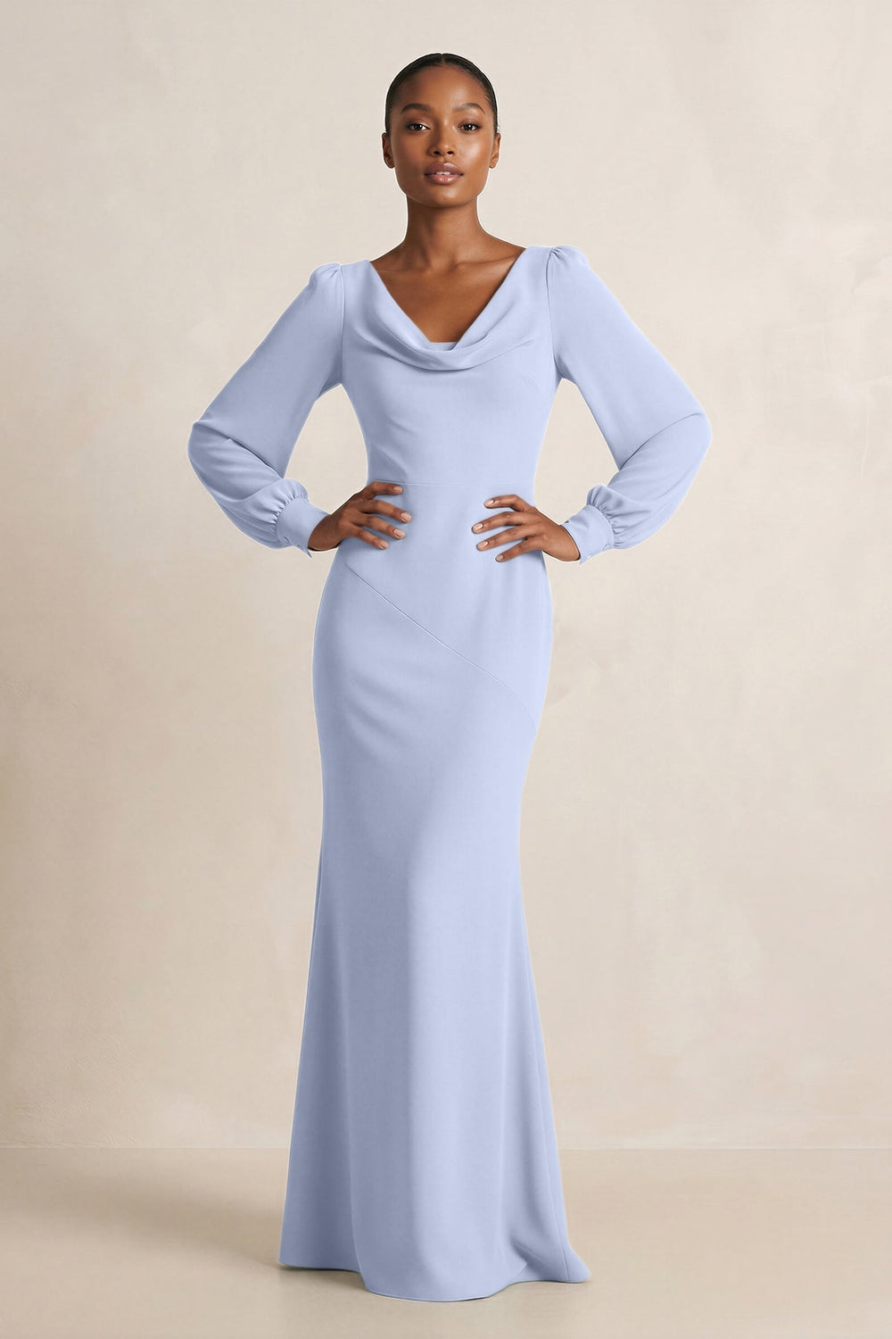 Long Sleeve V - Neck Sheath Chiffon Bridesmaid Dress in Ice - KISS BRIDAL Bridesmaid Dresses