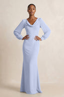 Long Sleeve V - Neck Sheath Chiffon Bridesmaid Dress in Ice - SHE IS ME Bridesmaid Dresses